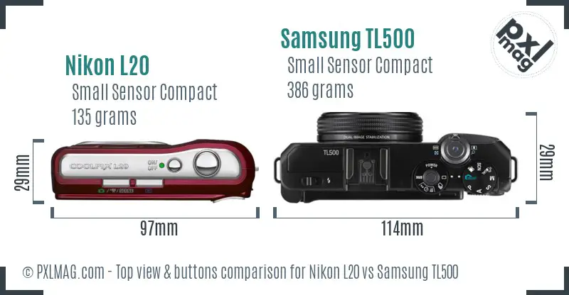 Nikon L20 vs Samsung TL500 top view buttons comparison