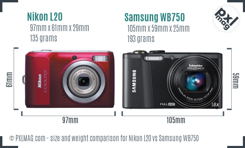 Nikon L20 vs Samsung WB750 size comparison