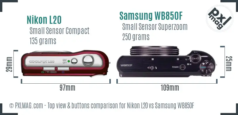 Nikon L20 vs Samsung WB850F top view buttons comparison Nikon L20 vs Samsung WB850F top view buttons comparison