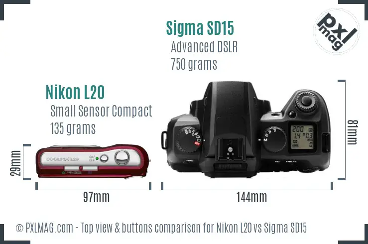 Nikon L20 vs Sigma SD15 top view buttons comparison
