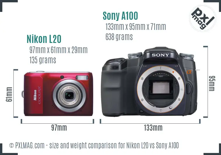 Nikon L20 vs Sony A100 size comparison