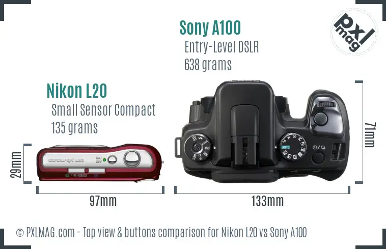 Nikon L20 vs Sony A100 top view buttons comparison