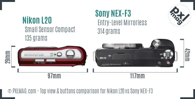 Nikon L20 vs Sony NEX-F3 top view buttons comparison