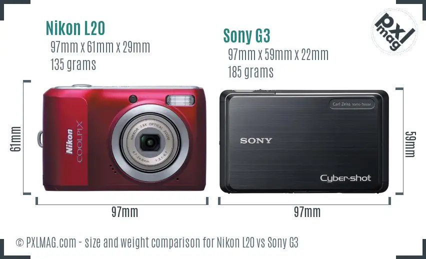 Nikon L20 vs Sony G3 size comparison