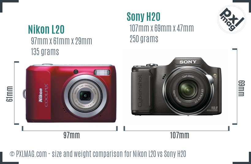 Nikon L20 vs Sony H20 size comparison Nikon L20 vs Sony H20 size comparison