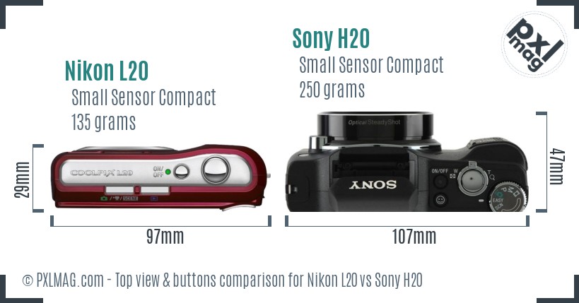 Nikon L20 vs Sony H20 top view buttons comparison