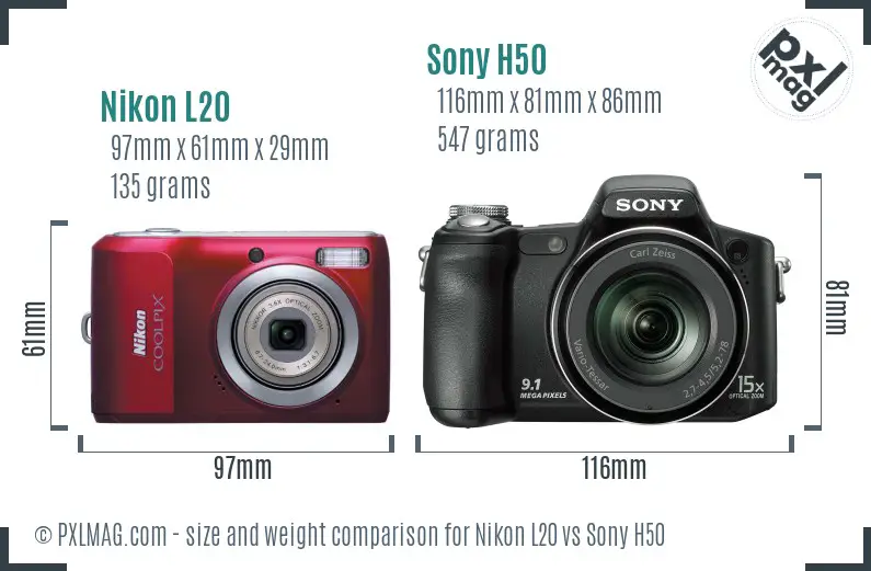 Nikon L20 vs Sony H50 size comparison