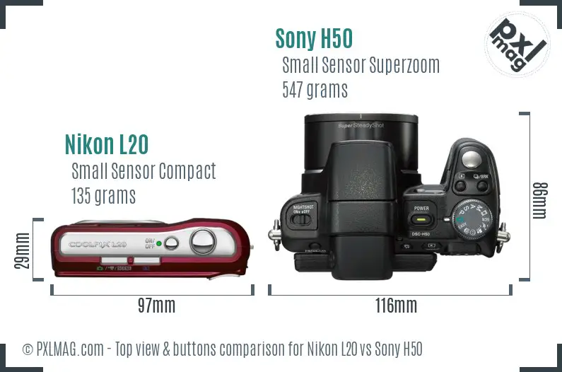 Nikon L20 vs Sony H50 top view buttons comparison