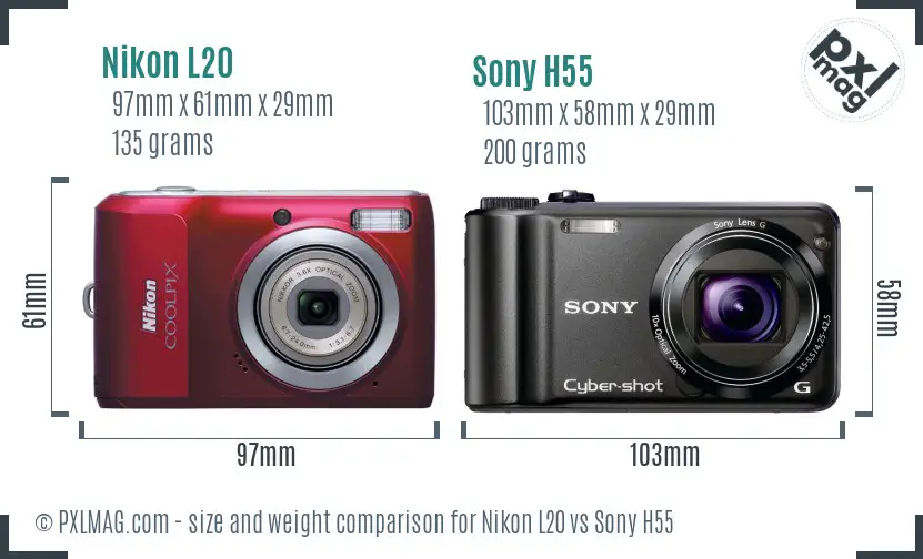 Nikon L20 vs Sony H55 size comparison