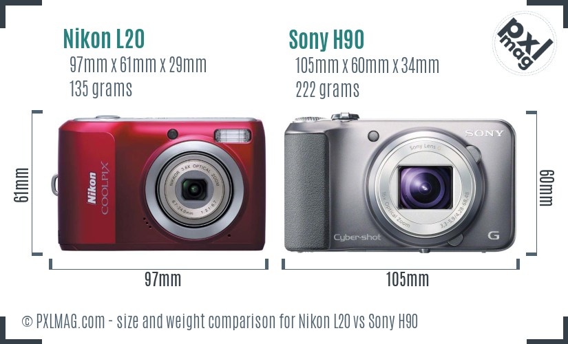 Nikon L20 vs Sony H90 size comparison