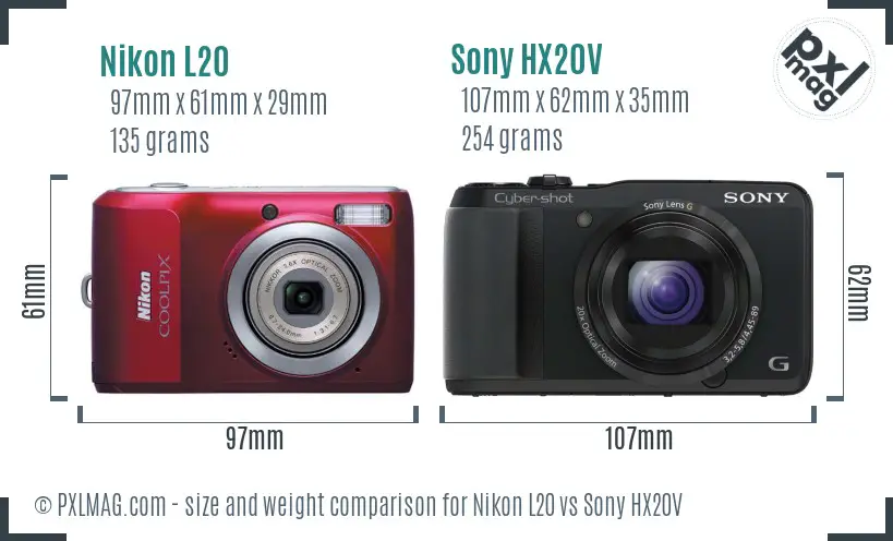 Nikon L20 vs Sony HX20V size comparison Nikon L20 vs Sony HX20V size comparison