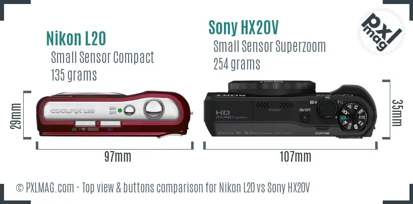 Nikon L20 vs Sony HX20V top view buttons comparison Nikon L20 vs Sony HX20V top view buttons comparison