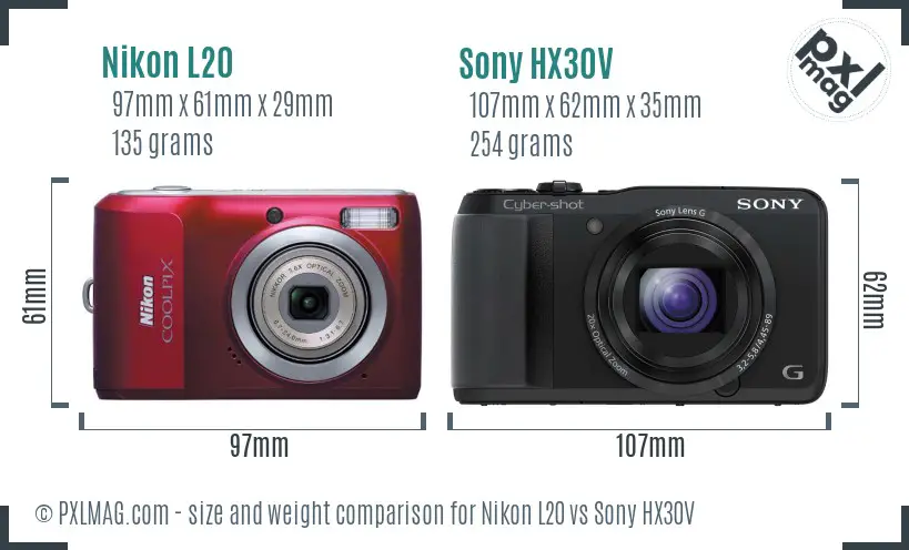 Nikon L20 vs Sony HX30V size comparison