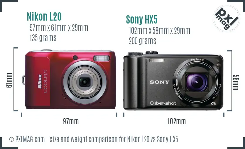 Nikon L20 vs Sony HX5 size comparison