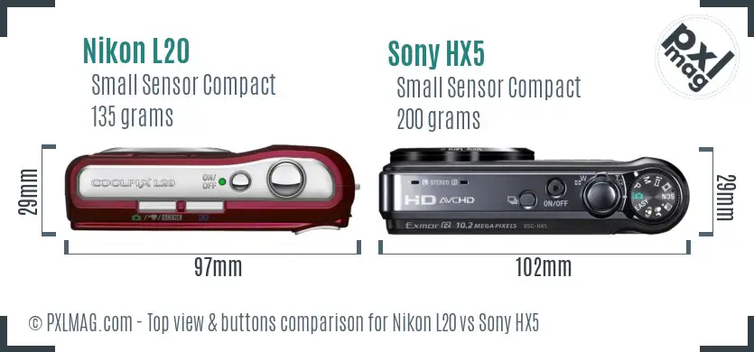 Nikon L20 vs Sony HX5 top view buttons comparison