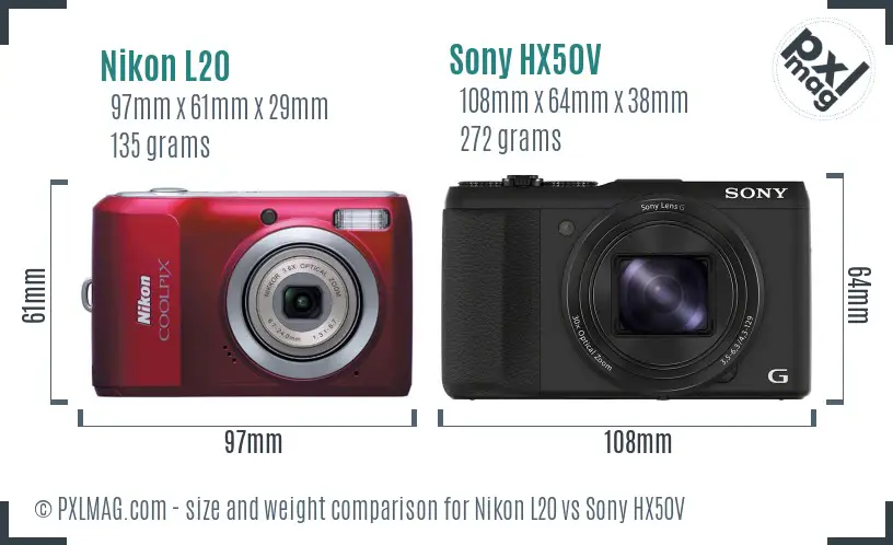 Nikon L20 vs Sony HX50V size comparison