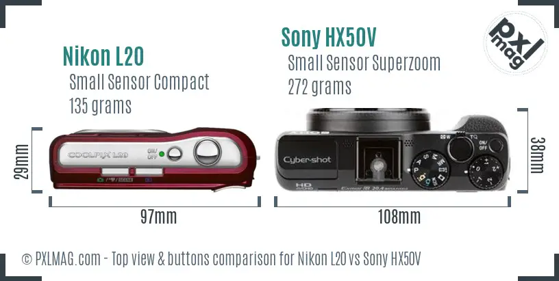 Nikon L20 vs Sony HX50V top view buttons comparison