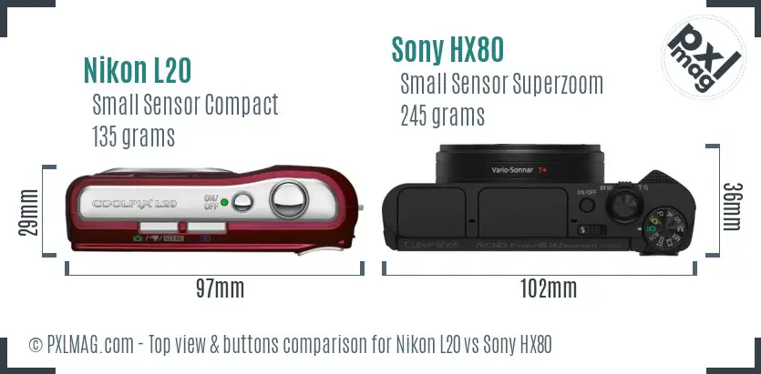 Nikon L20 vs Sony HX80 top view buttons comparison