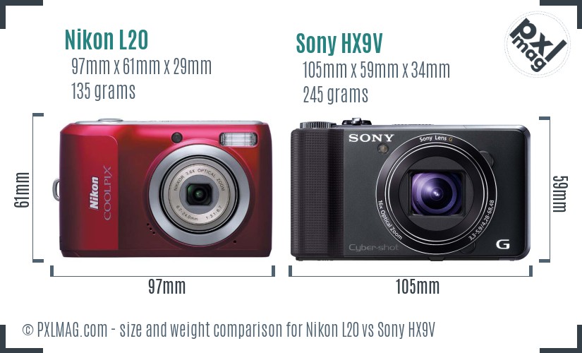 Nikon L20 vs Sony HX9V size comparison