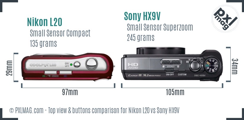 Nikon L20 vs Sony HX9V top view buttons comparison