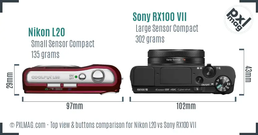 Nikon L20 vs Sony RX100 VII top view buttons comparison