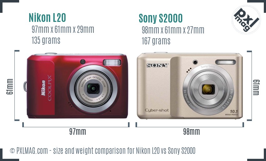 Nikon L20 vs Sony S2000 size comparison
