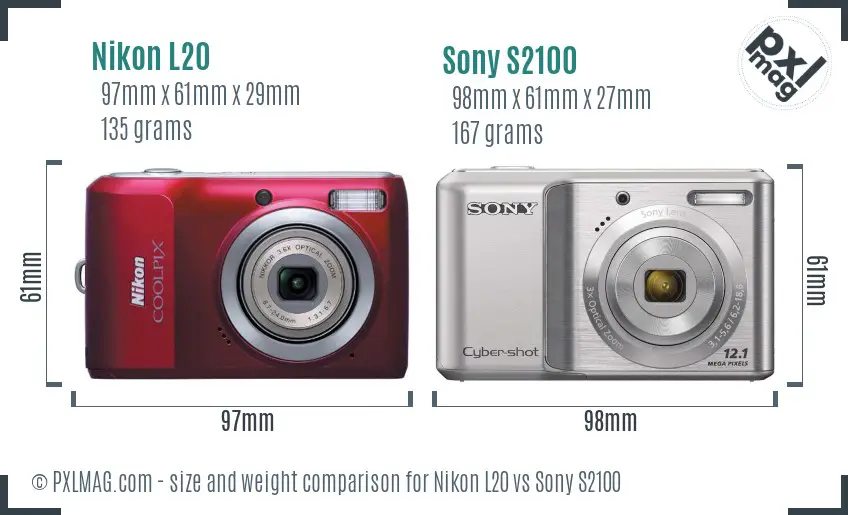 Nikon L20 vs Sony S2100 size comparison
