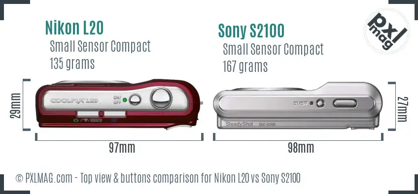 Nikon L20 vs Sony S2100 top view buttons comparison