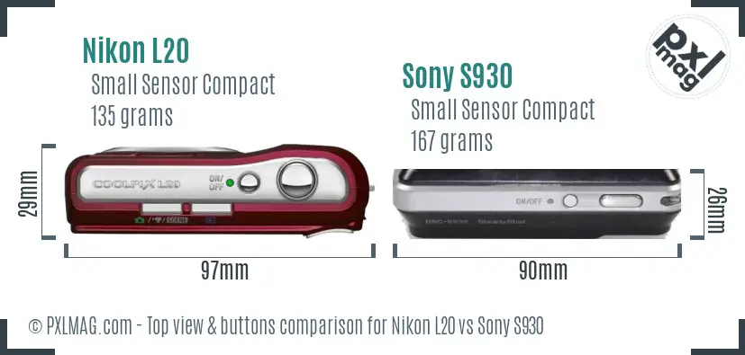 Nikon L20 vs Sony S930 top view buttons comparison Nikon L20 vs Sony S930 top view buttons comparison