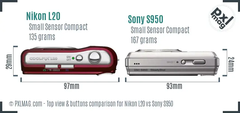 Nikon L20 vs Sony S950 top view buttons comparison Nikon L20 vs Sony S950 top view buttons comparison