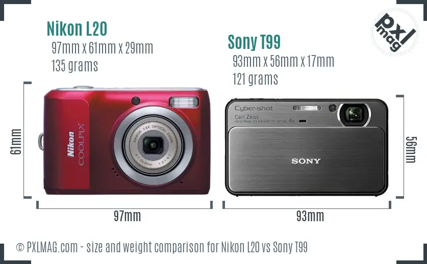 Nikon L20 vs Sony T99 size comparison