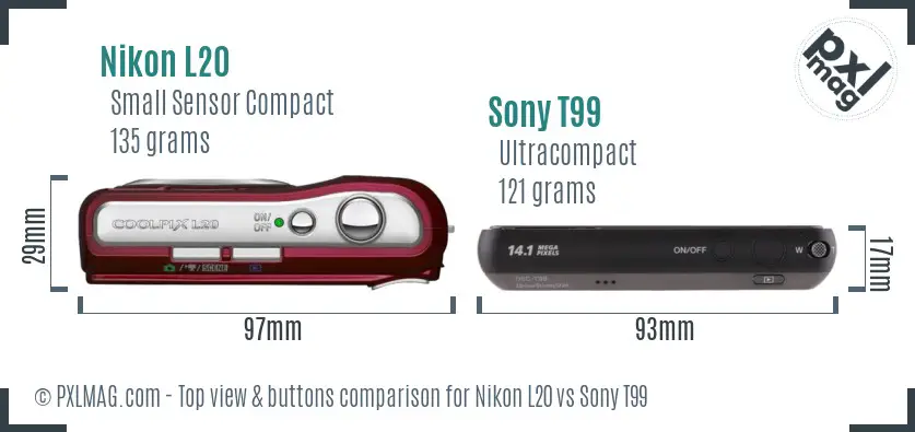 Nikon L20 vs Sony T99 top view buttons comparison