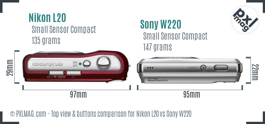 Nikon L20 vs Sony W220 top view buttons comparison