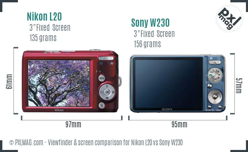 Nikon L20 vs Sony W230 Screen and Viewfinder comparison