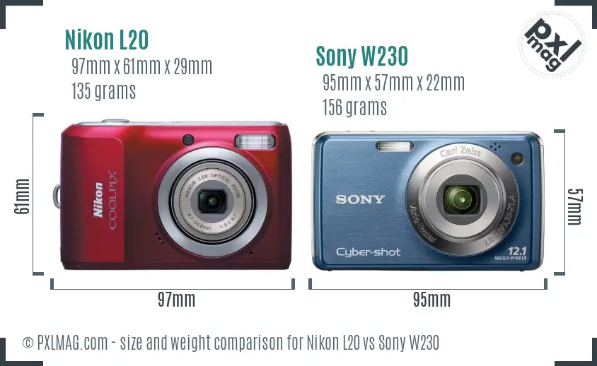 Nikon L20 vs Sony W230 size comparison