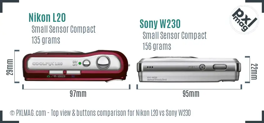 Nikon L20 vs Sony W230 top view buttons comparison