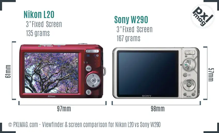 Nikon L20 vs Sony W290 Screen and Viewfinder comparison