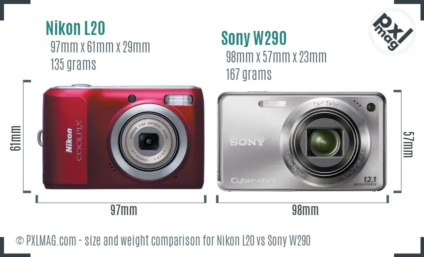 Nikon L20 vs Sony W290 size comparison