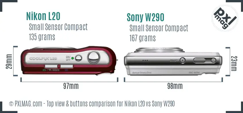 Nikon L20 vs Sony W290 top view buttons comparison