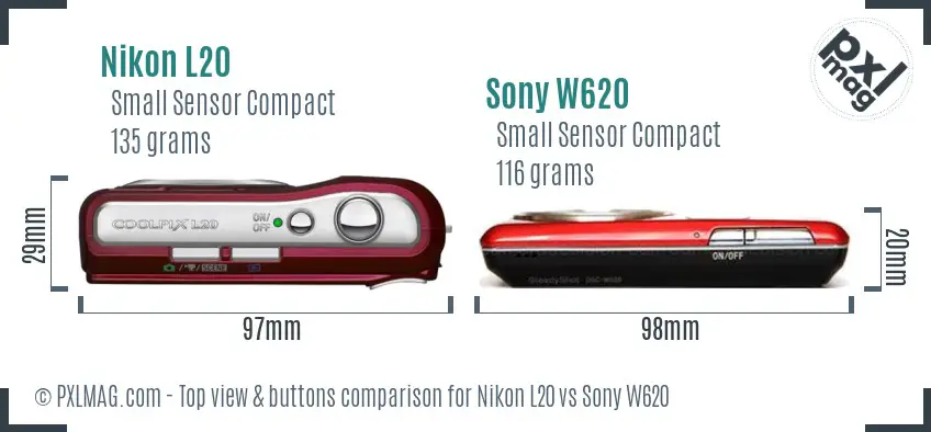 Nikon L20 vs Sony W620 top view buttons comparison Nikon L20 vs Sony W620 top view buttons comparison