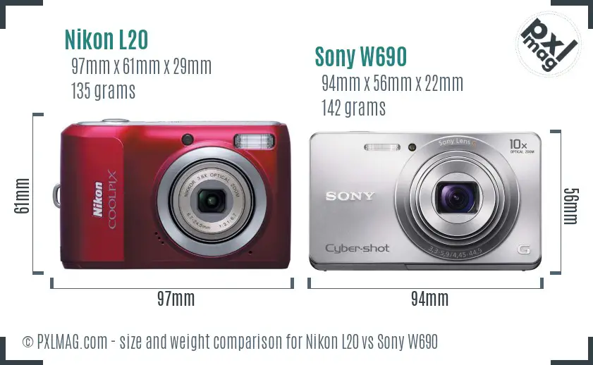 Nikon L20 vs Sony W690 size comparison