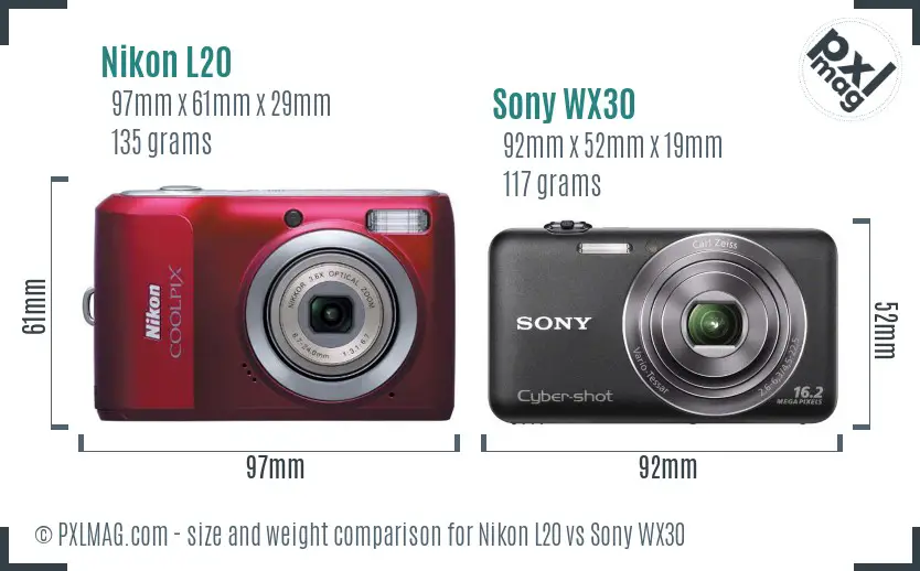 Nikon L20 vs Sony WX30 size comparison