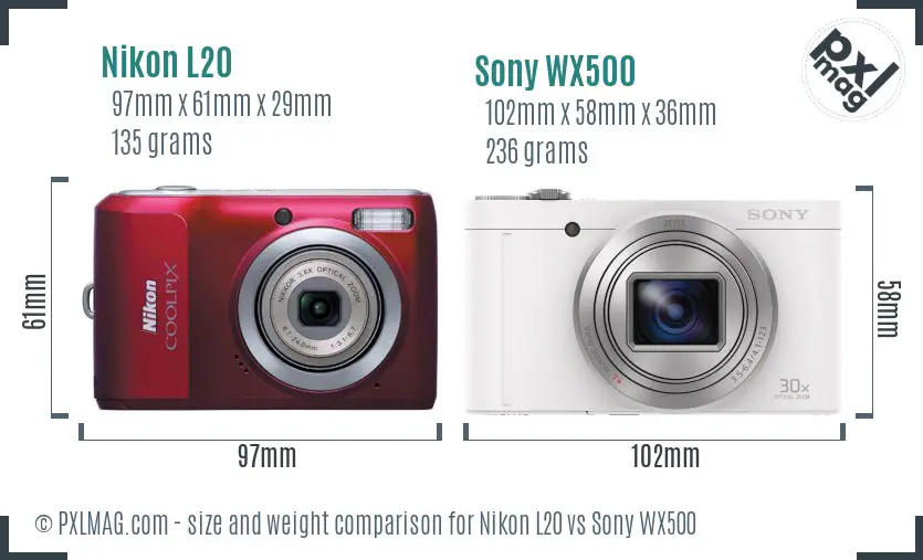 Nikon L20 vs Sony WX500 size comparison