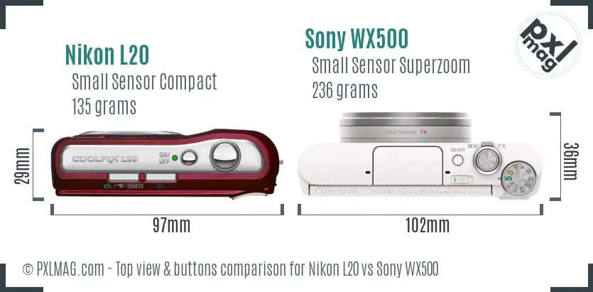 Nikon L20 vs Sony WX500 top view buttons comparison