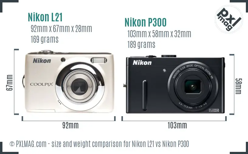 Nikon L21 vs Nikon P300 size comparison