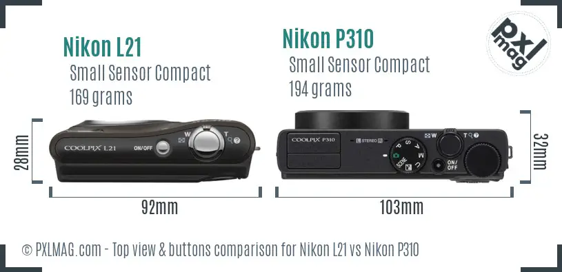 Nikon L21 vs Nikon P310 top view buttons comparison Nikon L21 vs Nikon P310 top view buttons comparison