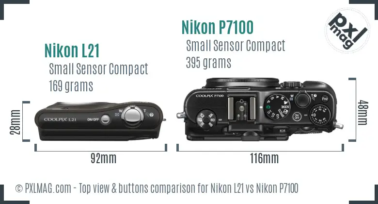 Nikon L21 vs Nikon P7100 top view buttons comparison