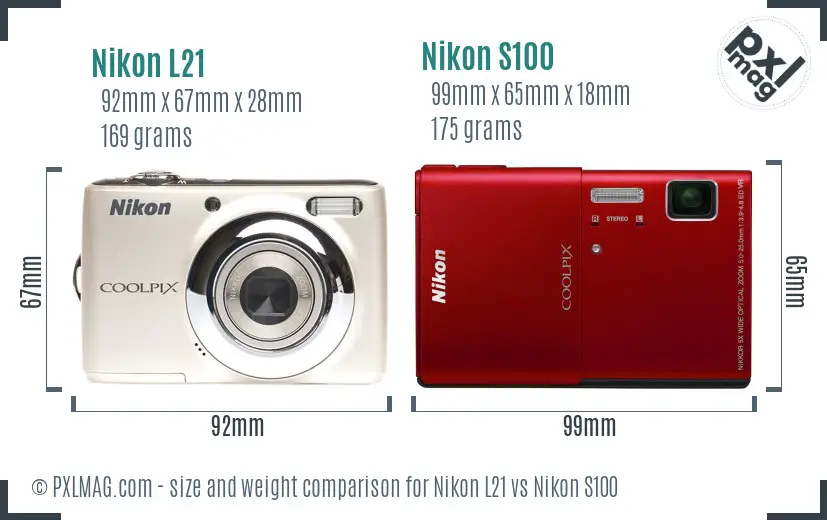 Nikon L21 vs Nikon S100 size comparison