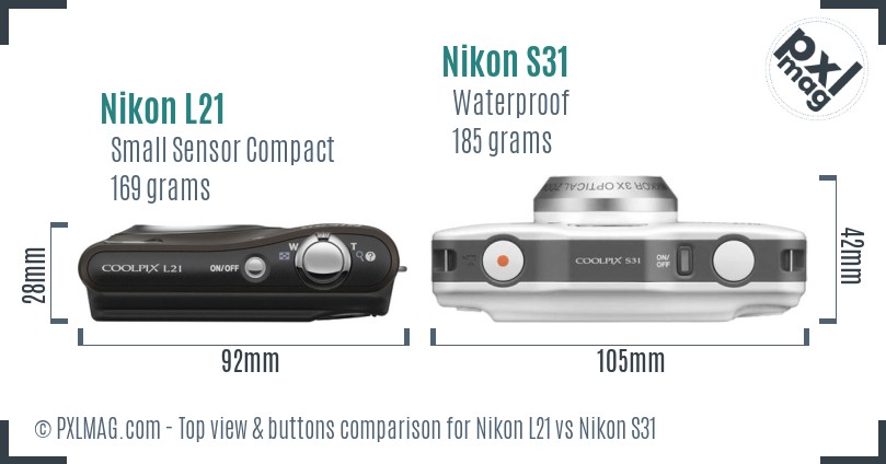 Nikon L21 vs Nikon S31 top view buttons comparison