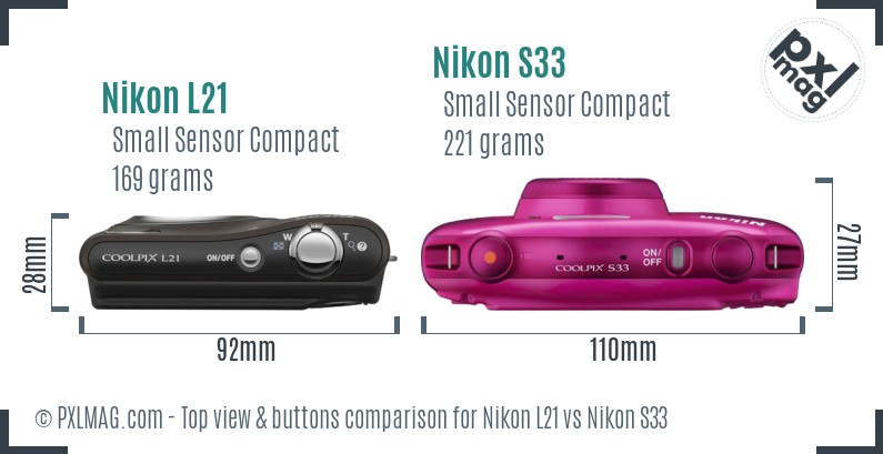 Nikon L21 vs Nikon S33 top view buttons comparison